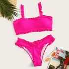 Romwe Neon Hot Pink Frill Trim Bikini Set
