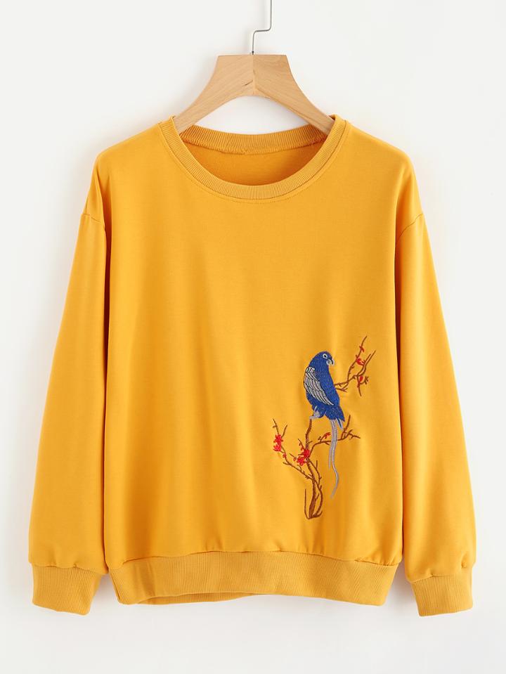 Romwe Bird Embroidered Sweatshirt