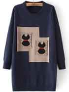 Romwe Contrast Cat Pattern Jersey Navy Sweater Dress