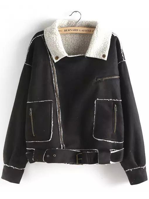 Romwe Lapel Zipper Pockets Black Coat