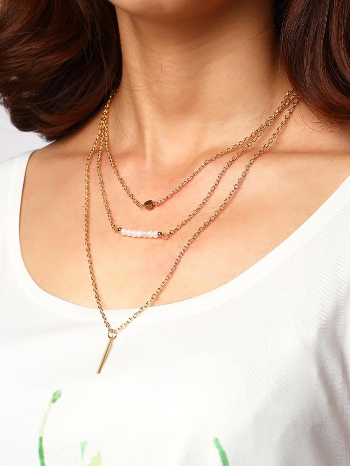 Romwe Pearl Rhinestone Metal Bar Pendant Wrap Link Necklace