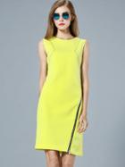 Romwe Yellow Round Neck Sleeveless Zip Dress