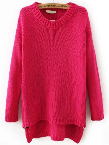 Romwe Dip Hem Zipper Rose Red Sweater