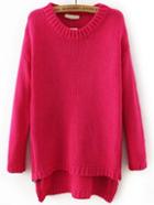 Romwe Dip Hem Zipper Rose Red Sweater
