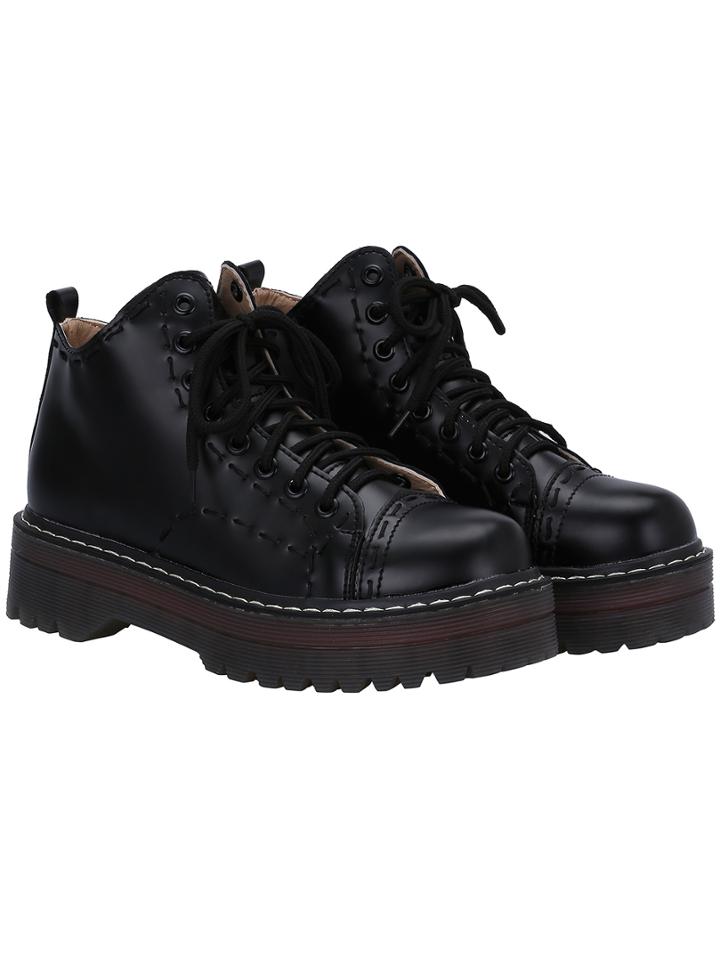 Romwe Black Round Toe Spiraea Thick-soled Lace Up Flats