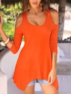Romwe Open Shoulder 3/4 Sleeve Asymmetric Orange T-shirt