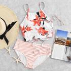 Romwe Floral Top With Striped High Waist Bikini