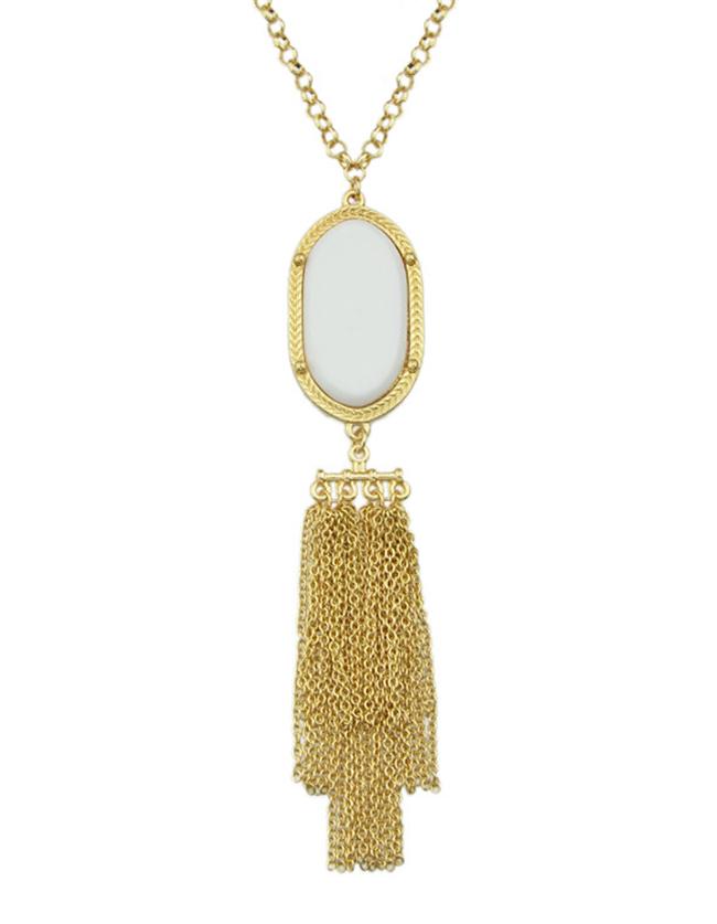 Romwe White Stone Tassel Pendant Necklace