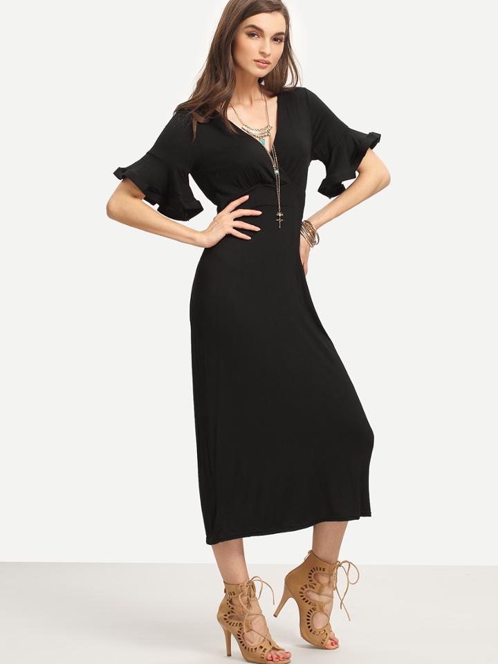 Romwe Surplice Front Ruffled Sleeve Dress - Black