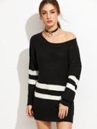 Romwe Black Striped Scoop Neck Drop Shoulder Sweater Dress