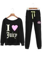 Romwe Letter Print Cut Out Back Top With Elastic Waist Drawstring Pant
