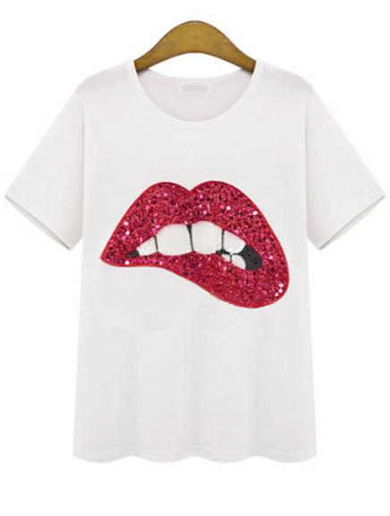 Romwe Bead Red Lip Pattern Loose T-shirt