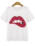 Romwe Bead Red Lip Pattern Loose T-shirt