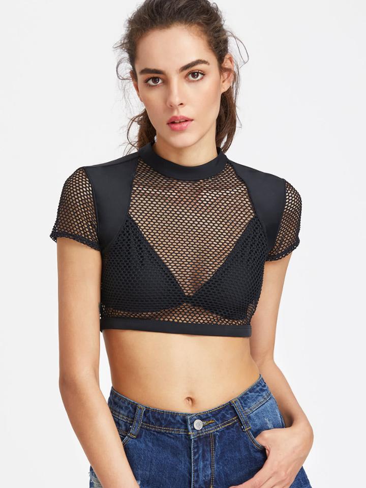 Romwe Open Back Strappy Fishnet Super Crop Tee