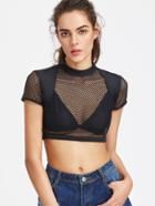 Romwe Open Back Strappy Fishnet Super Crop Tee
