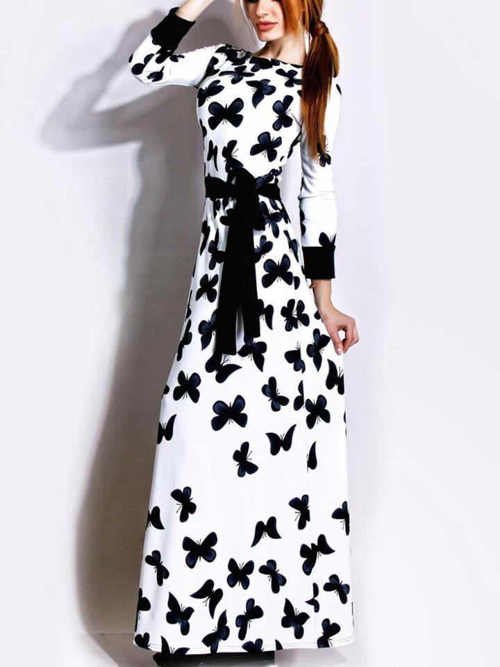 Romwe Long Sleeve Butterfly Print Belt Maxi Dress