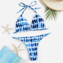 Romwe Graphic Print Halter Top With Low Rise Bikini