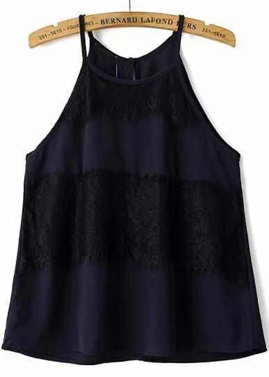Romwe Navy Spaghetti Strap Lace Chiffon Vest
