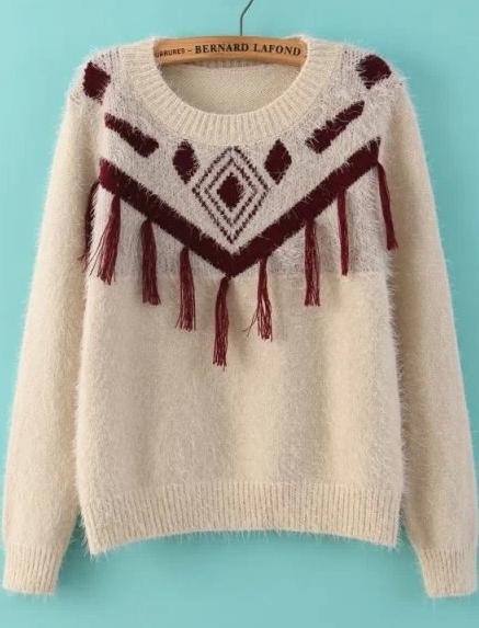 Romwe Geometric Print Tassel Beige Sweater