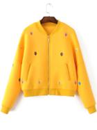 Romwe Yellow Tree Embroidery Drop Shoulder Zipper Jacket