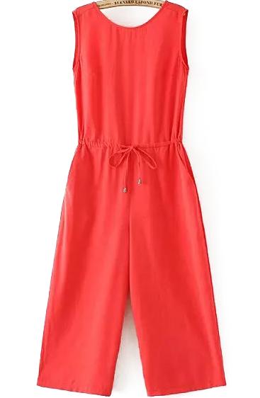 Romwe Sleeveless Drawstring Wide Leg Red Jumpsuit