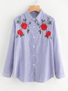 Romwe Vertical Striped Floral Embroidered Shirt