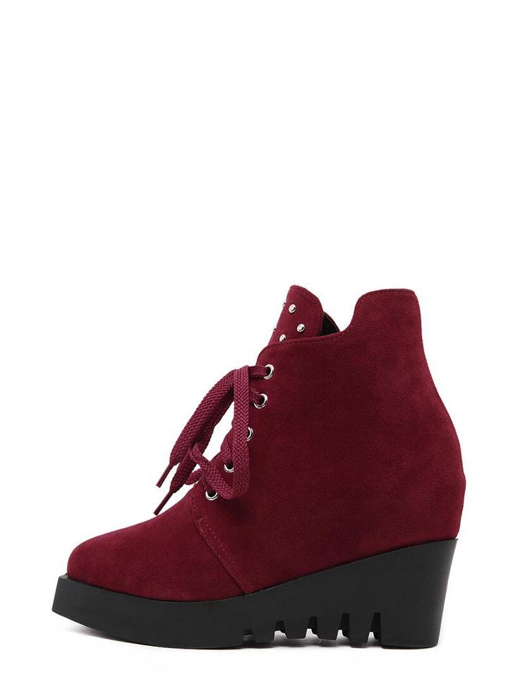 Romwe Burgundy Faux Suede Lace Up Wedge Boots