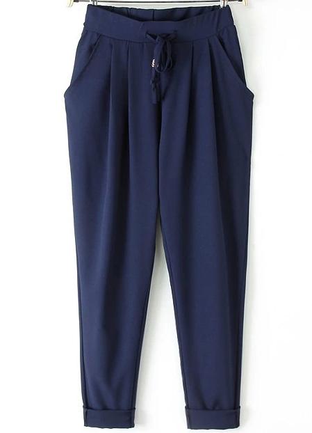 Romwe Drawstring Waist Pockets Navy Pant