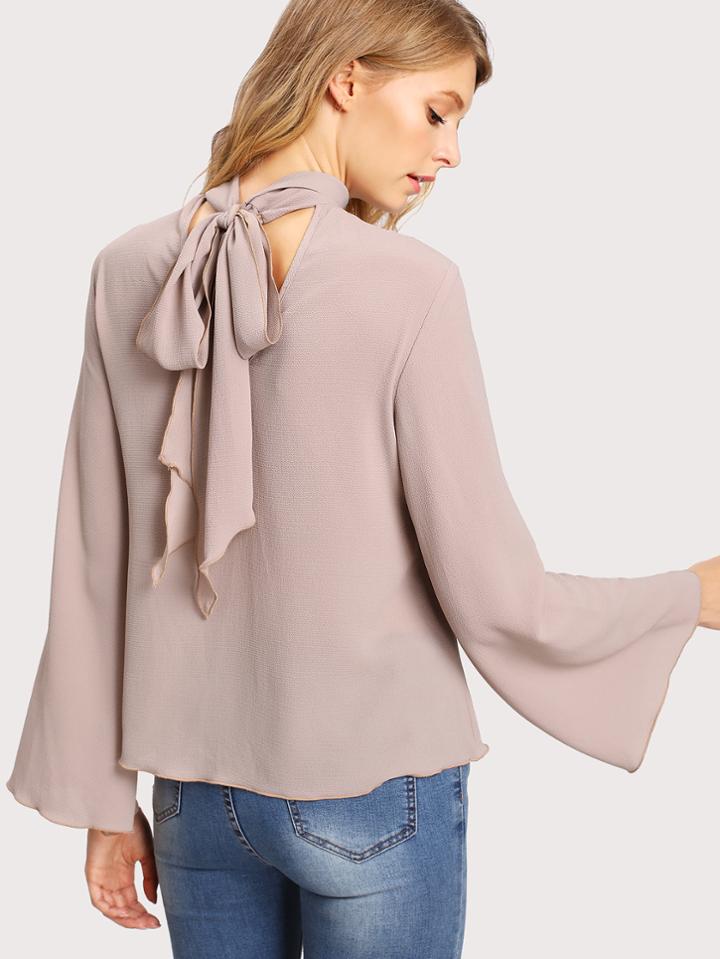 Romwe Tie Back Fluted Sleeve Top