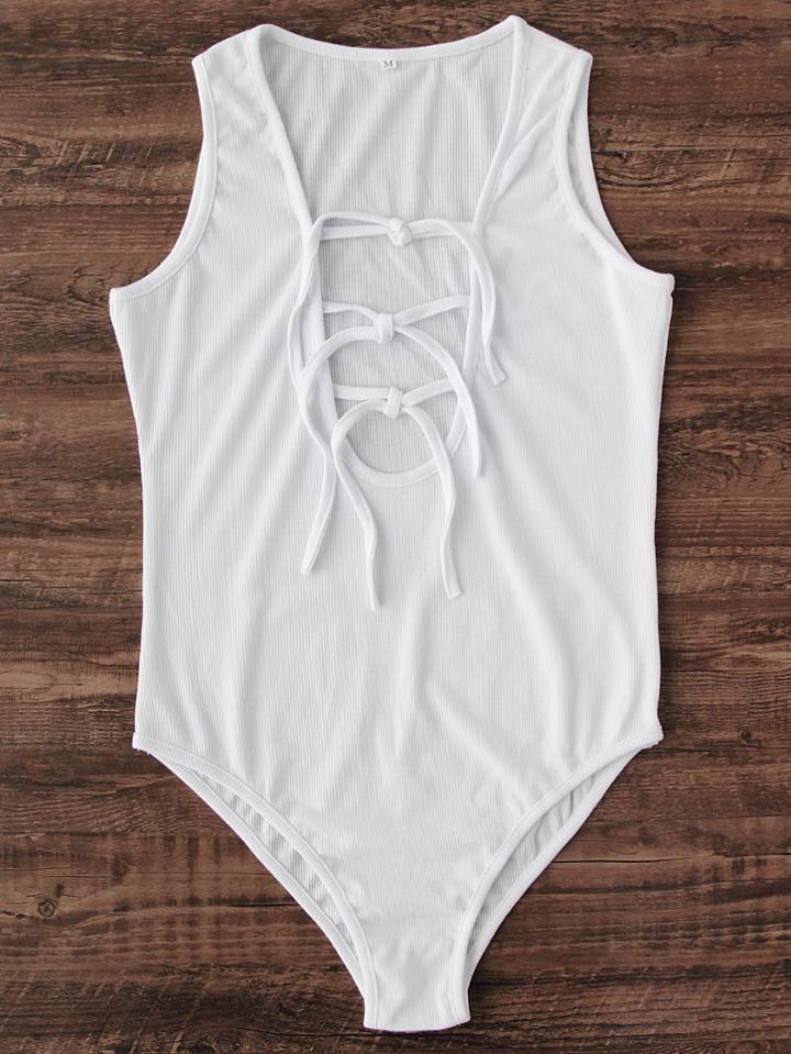 Romwe Tied Plunge Neck One Piece Swimwear