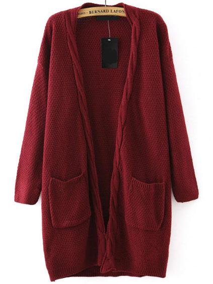 Romwe Cable Knit Pockets Wine Red Coat