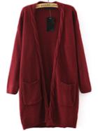 Romwe Cable Knit Pockets Wine Red Coat