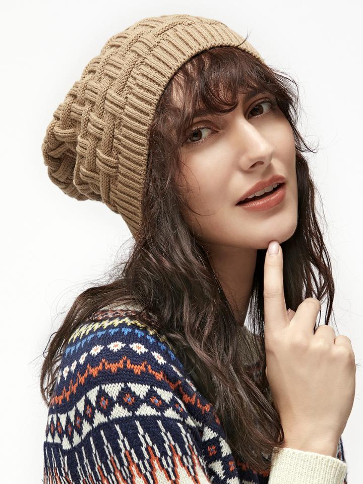 Romwe Khaki Ribbed Knit Textured Warm Hat