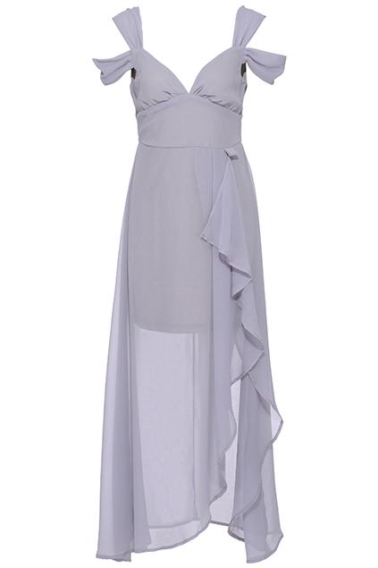 Romwe Asymmetric Off-shoulder Split Side Grey Crepe Dress