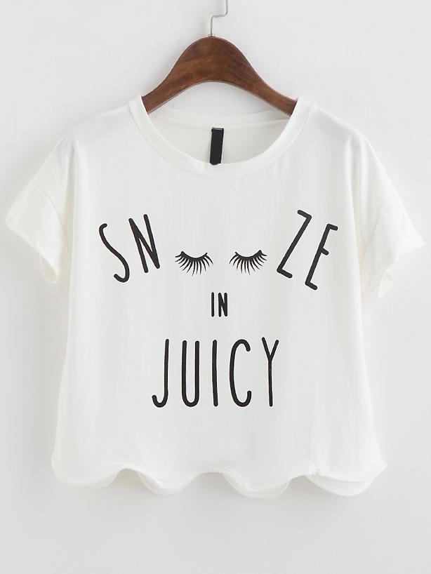 Romwe Letter Print Scalloped Hem White T-shirt