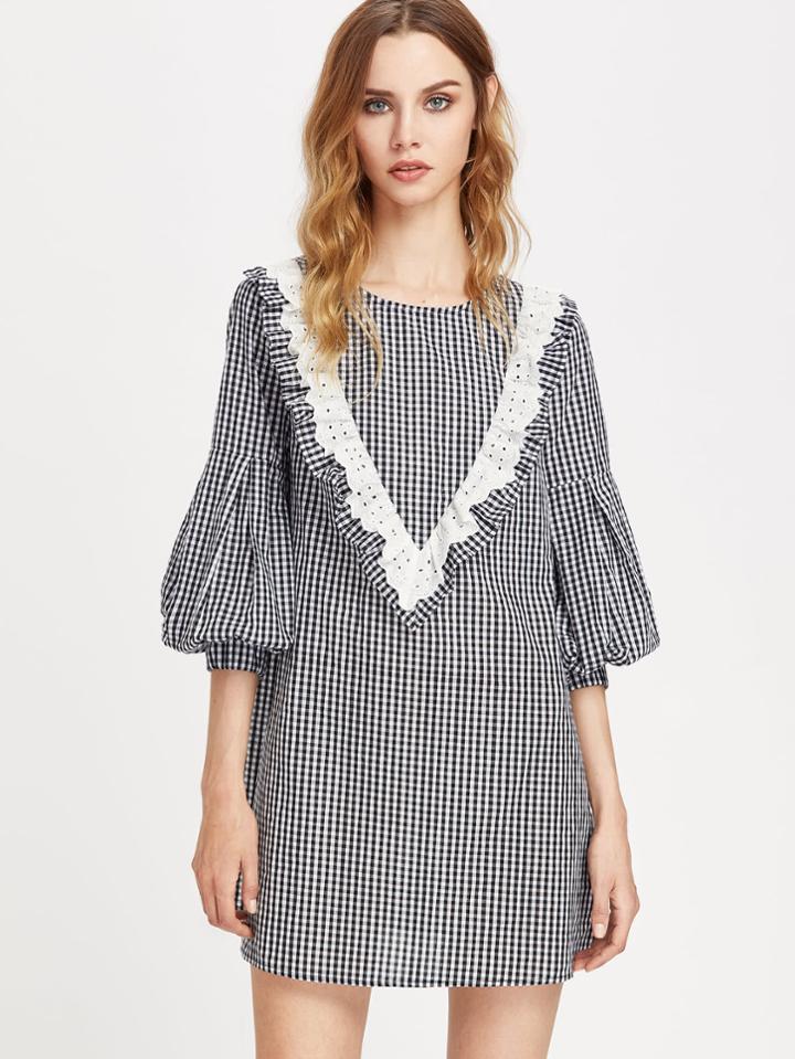 Romwe Eyelet Embroidered Ruffle Yoke Bishop Sleeve Gingham Dress