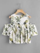 Romwe Palm Leaf Print Open Shoulder Frill Top