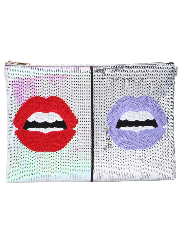 Romwe Embroided Lips Sequine Featured Silver Clutch Bag