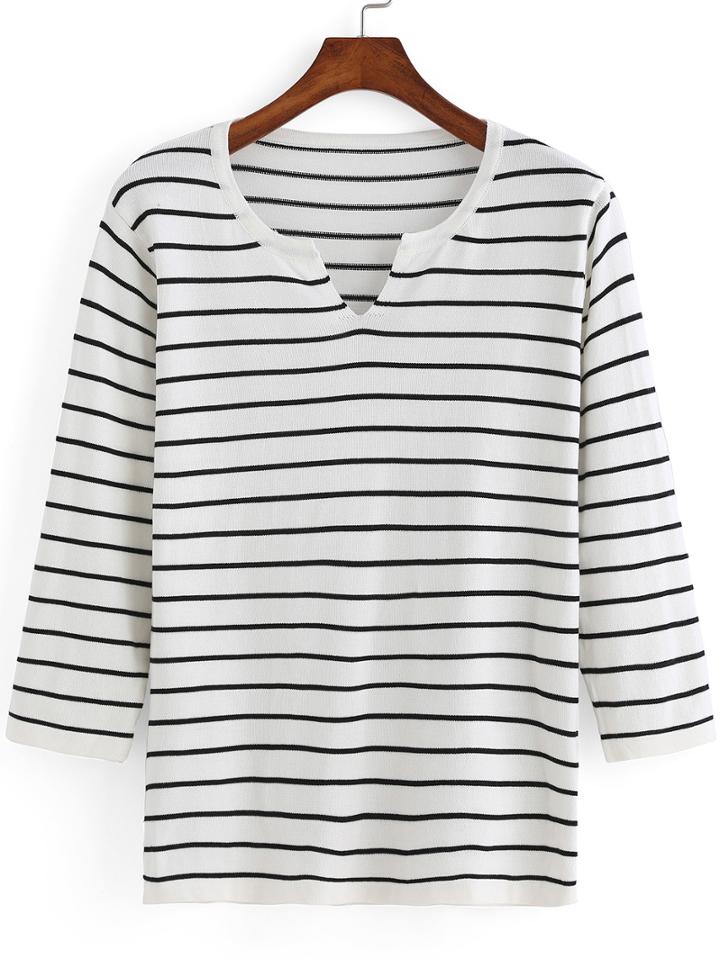 Romwe V Neck Striped Knit T-shirt
