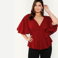 Romwe Plus Flutter Sleeve Surplice Wrap Knot Top