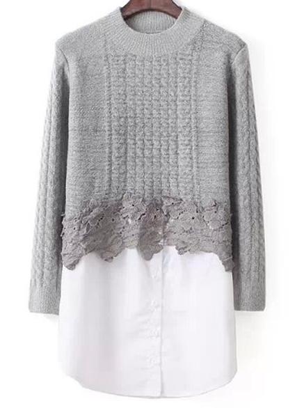 Romwe Crew Neck Grey Sweater With Shirt Hem