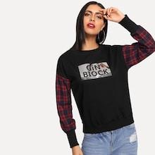Romwe Plaid Sleeve Letter Pullover