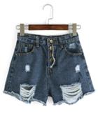Romwe Ripped Buttoned Fly Denim Shorts