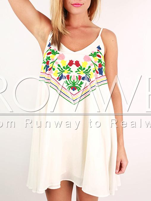 Romwe White Spaghetti Strap Backless Embroidered Dress