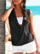 Romwe Black Deep V Neck Top With Pockets