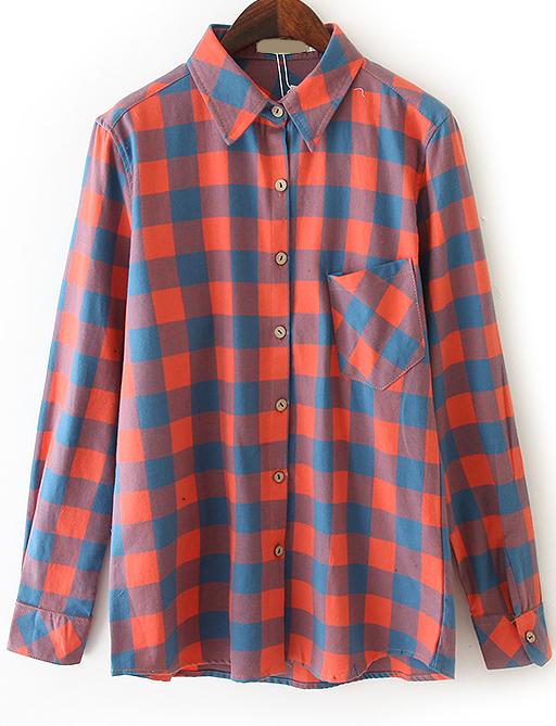 Romwe Plaid Pocket Orange And Blue Blouse