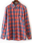 Romwe Plaid Pocket Orange And Blue Blouse