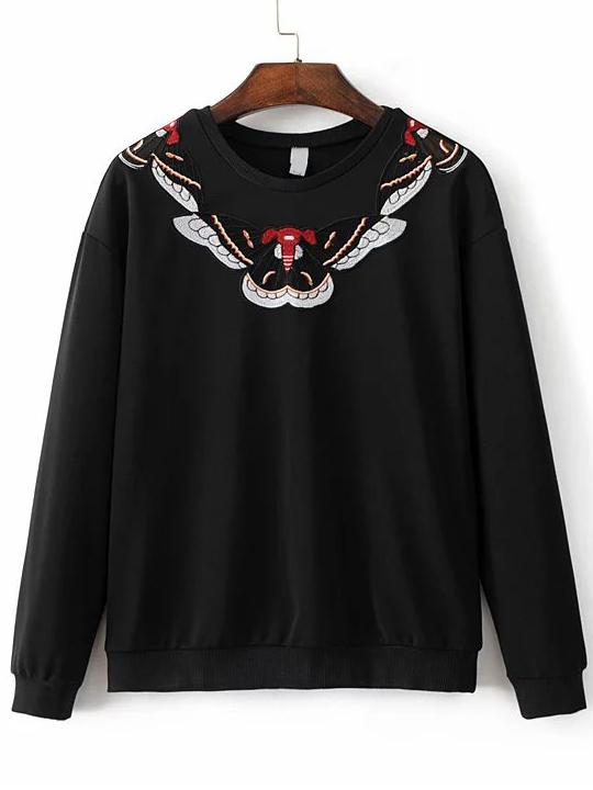 Romwe Black Embroidery Ribbed Trim Sweatshirt