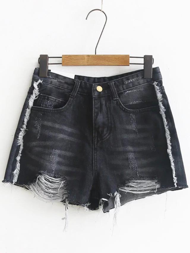 Romwe Black Ripped Detail Denim Shorts
