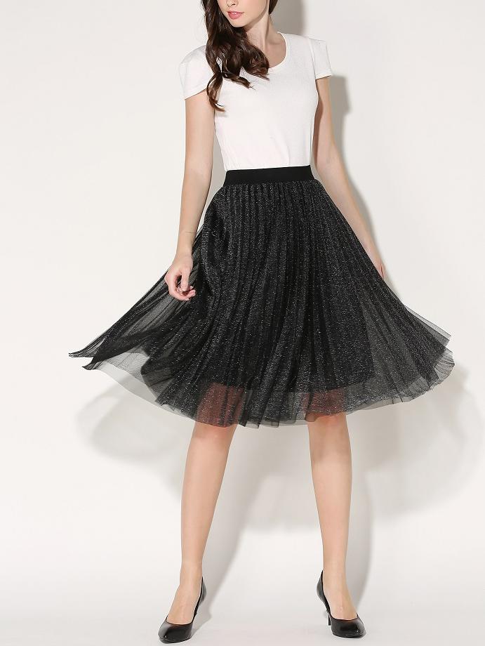 Romwe Contrast Waist Gliter Mesh Layer Skirt